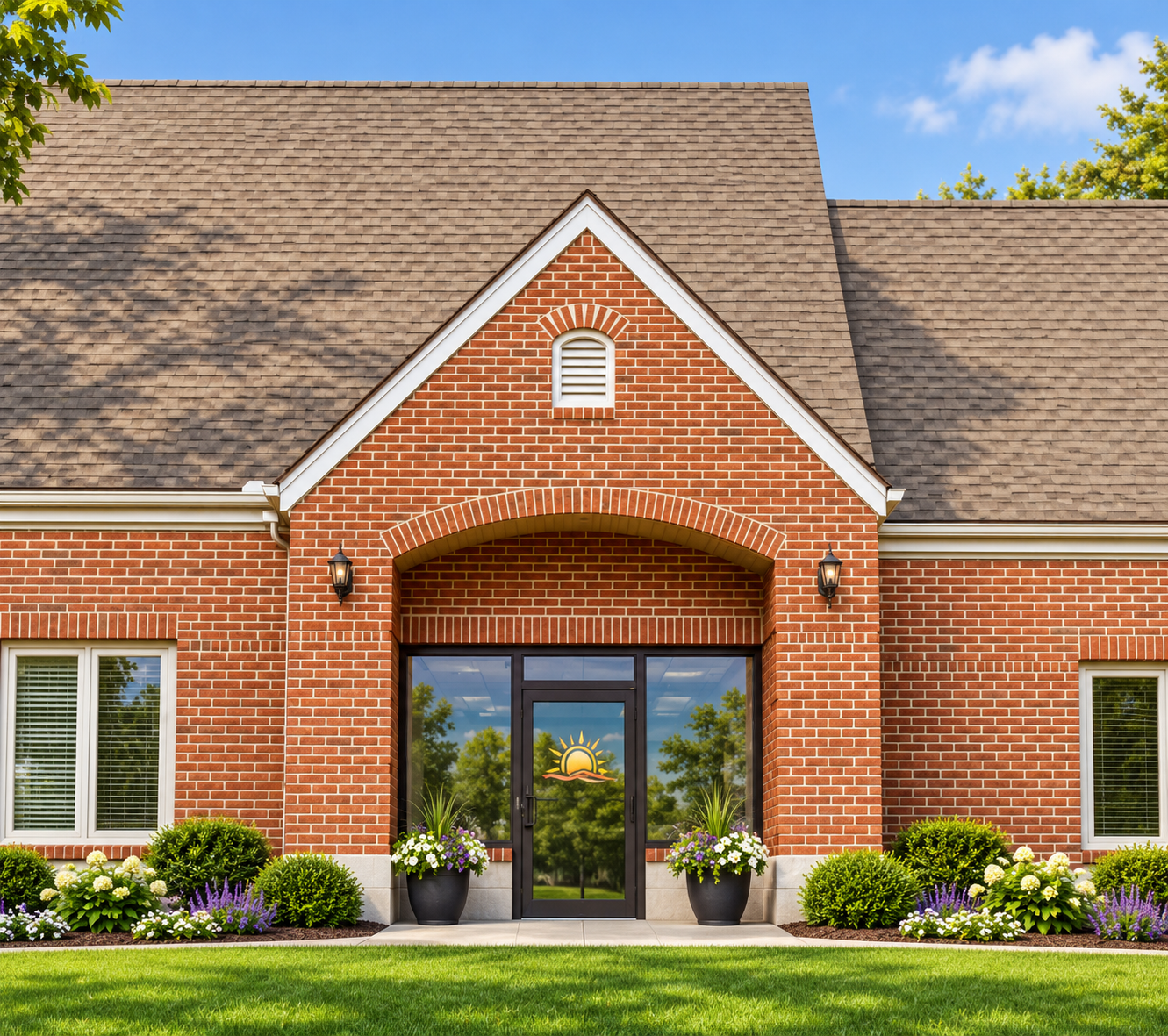 ACHOM Farmington Hills brick office entrance with digitally enhanced landscaping